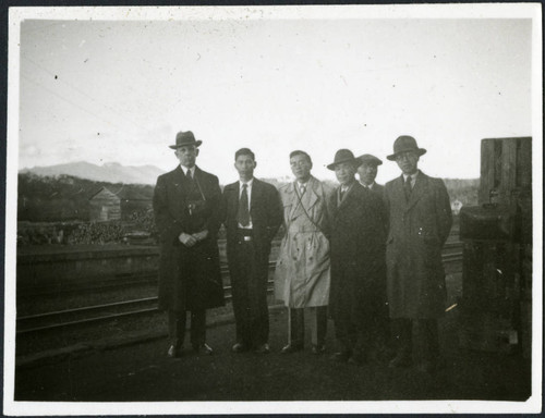 Frank Polkinghorn standing with five men, 1949-10-21