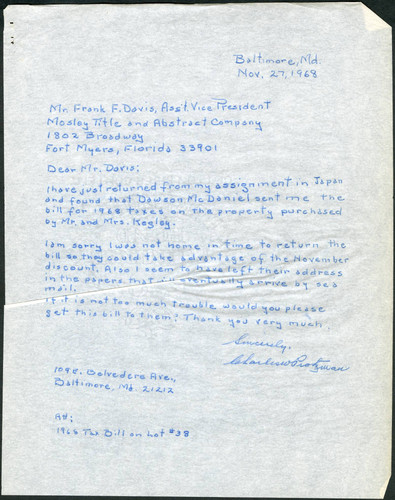 Charles Protzman letter to Frank A. Davis, 1968-11-27