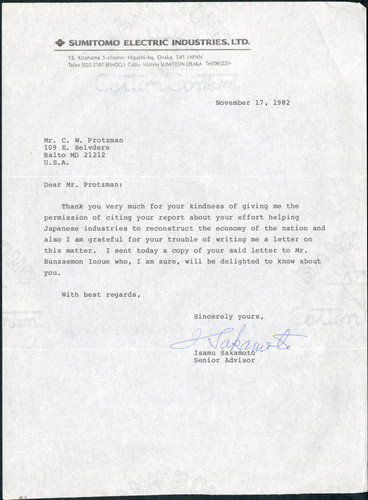 Isamu Sakamoto letter to Mr. C. W. Protzman, 1982-11-17