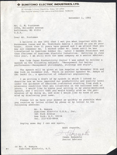 Isamu Sakamoto letter to Mr. C. W. Protzman, 1982-11-01