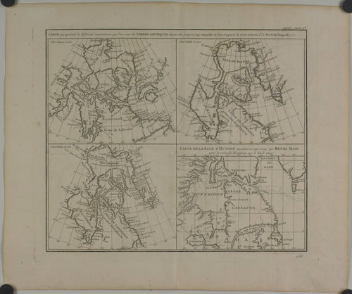 Carte qui répresente les différentes connoissances que l'on a eues des terres Arctiques depuis 1650 jusqu'en 1747 ausquelles il faut comparer la Carte suivante. Par M. De Vaugondy 1773