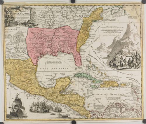 Regni Mexicani seu Novae Hispaniae Ludovicianae, N. Angliae, Carolinae, Virginiae et Pensylvaniae, nec non Insularum, Archipelagi Mexicani in America Septentrionali accurata Tabula exhibita a Ioh. Babtista Homanno Noribergae. Cum Privilegio Sac. Caes. Maj