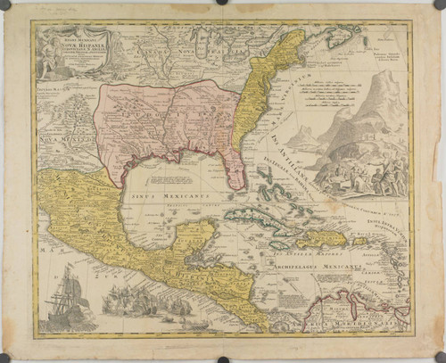 Regni Mexicani seu Novae Hispaniae Ludovicianae, N. Angliae, Carolinae, Virginiae et Pensylvaniae, nec non Insularum, Archipelagi Mexicani in America Septentrionali accurata Tabula exhibita a Ioh. Babtista Homanno Noribergae. Cum Privilegio Sac. Caes. Maj