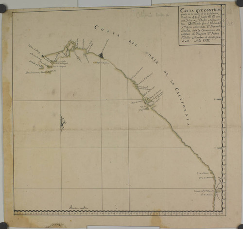 Carta que contiene parte de la costa de la California, desde los 44 grados hasta los 61 con sus yslas y bajos adyasentes