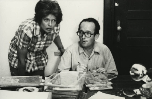 Anita Robinson and Rodolphe Kasser with codex fragments at the Coptic Museum