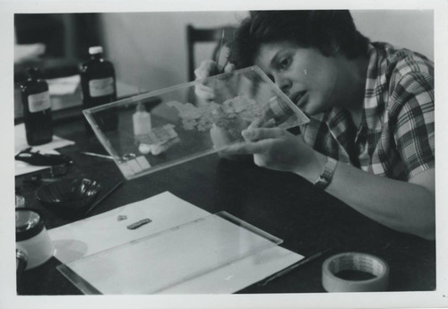 Anita Robinson working with fragments of the Nag Hammadi codices in the Coptic Museum