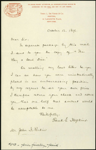 Frank Hopkins letter to John I. Perkins, 1896 October 12