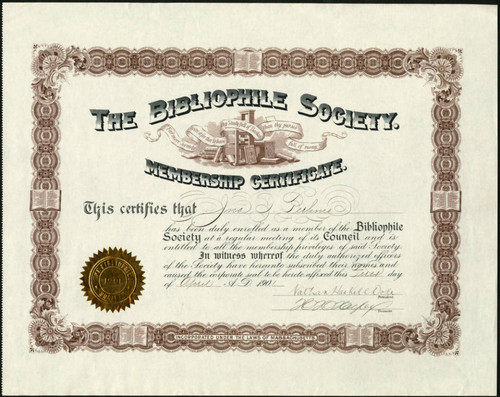 The Bibliophile Society membership certificate, 1901 April 1