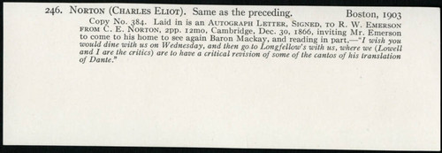 Seller's description of Norton's letter to Emerson dated 1866 December 30