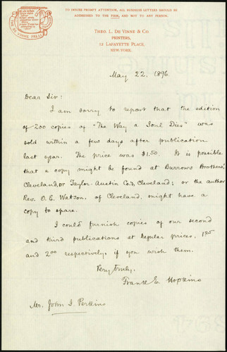 Frank Hopkins letter to John I. Perkins, 1896 May 22