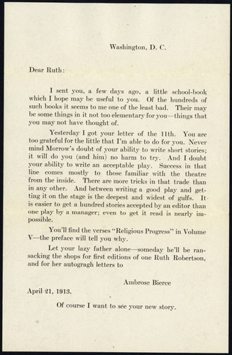 Transcript of Bierce's letter to Robertson dated 1913 April 21