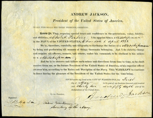 Edward H. Perkins Midshipman certificate, 1832 May 1