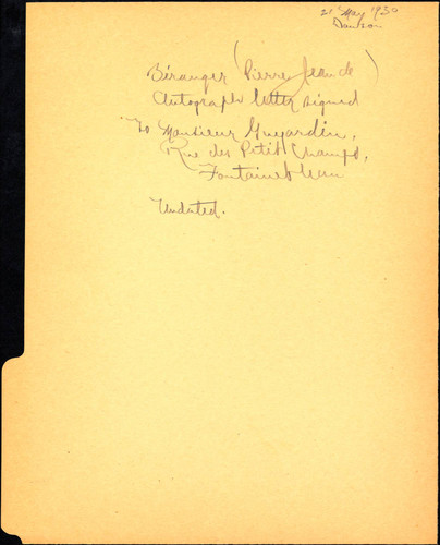 File folder half with Perkins' notes on Beranger's letter to Guyardin