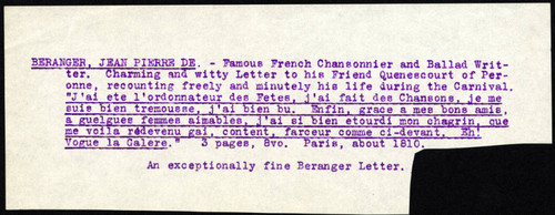 Seller's description of Beranger's letter to Quenescourt