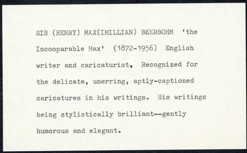 Notecard describing Sir Henry Maximillian Beerbohm