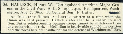 Seller's description of Halleck's letter to Butler dated 1862 August 7