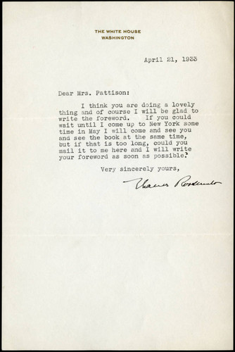 Eleanor Roosevelt letter to Mrs. Lee Pattinson, 1933 April 21