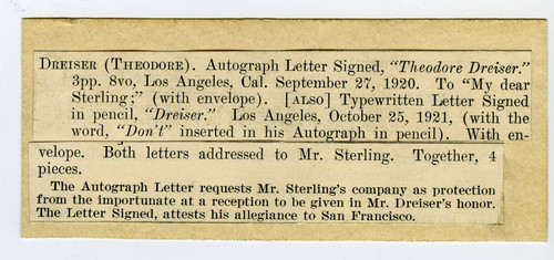 Seller's description of Dreiser's letters to Sterling