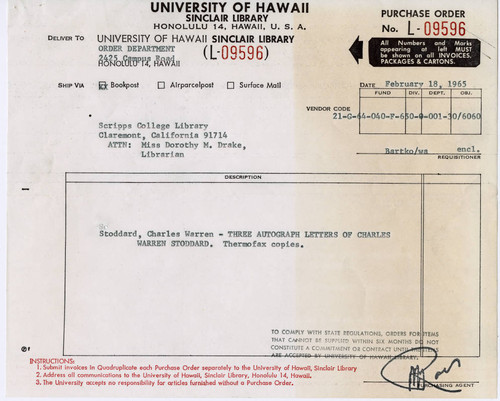 Purchase Order for Charles Warren Stoddard letters