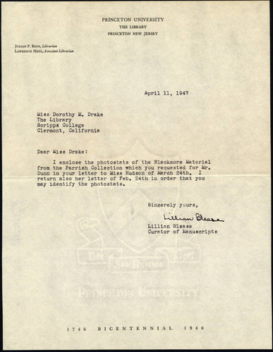 Lillian Blease letter to Dorothy Drake, 1947 April 11