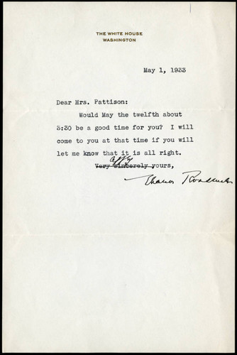 Eleanor Roosevelt letter to Mrs. Lee Pattinson, 1933 May 1