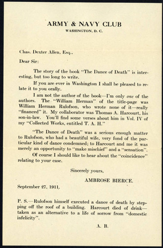 Transcript of Bierce's letter to Allen dated 1911 September 27