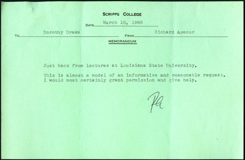 Richard Armour memorandum to Dorothy Drake, 1966 March 18