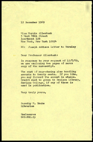 Dorothy Drake letter to Marcia Allentuck, 1969 December 12