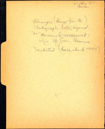 File folder half with Perkins' notes on Beranger's letter to Quenescourt