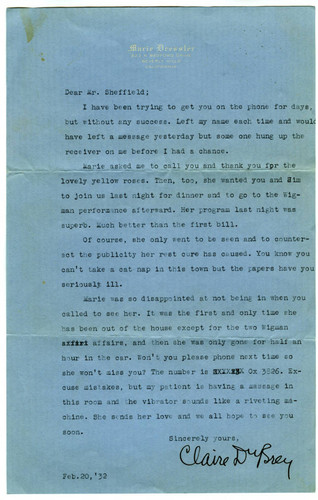 Claire Du Brey letter, 1932 February 20