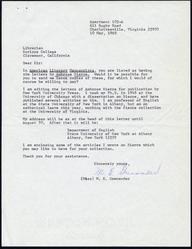 M.E. Grenander letter, 1968 May 10