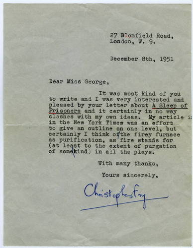 Christopher Fry letter to Ruth George, 1951 December 8