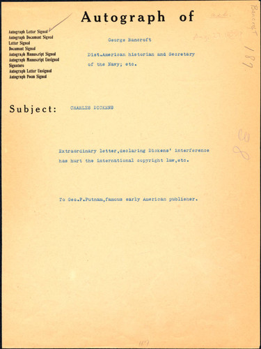 File folder with printed information about George Bancroft signature on letter