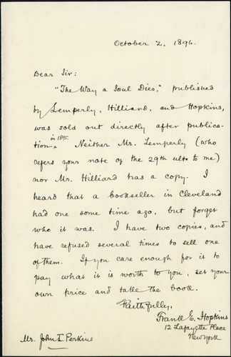 Frank Hopkins letter to John I. Perkins, 1896 October 2