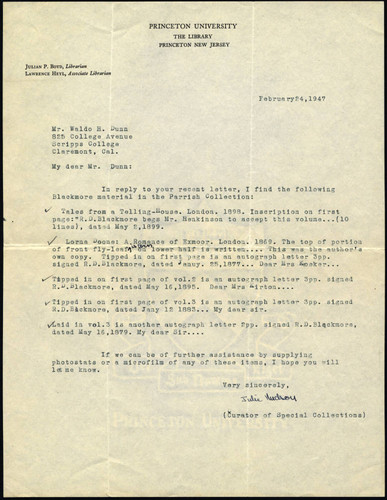 Julie Hudson letter to Waldo Dunn, 1947 February 24