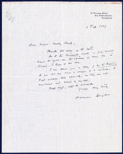 Norman Douglas letter to Major Clarke, 1929 February 1