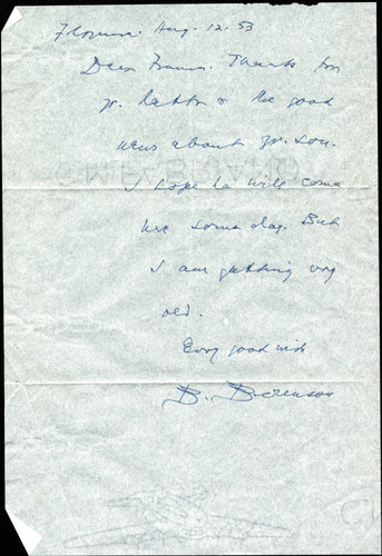 Bernard Berenson letter to Frances Castellan Berenson, 1953 August 12