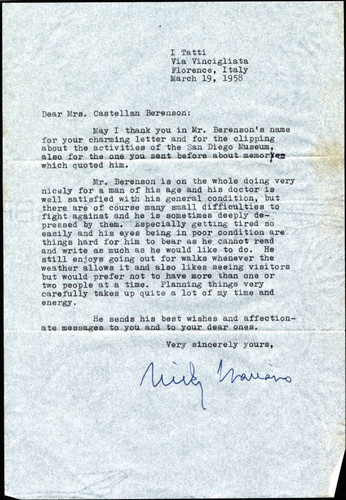 Nicky Mariano letter to Frances Castellan Berenson, 1958 March 19
