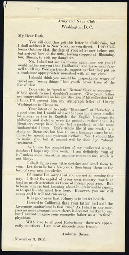 Transcript of Bierce's letter to Robertson dated 1912 November 3