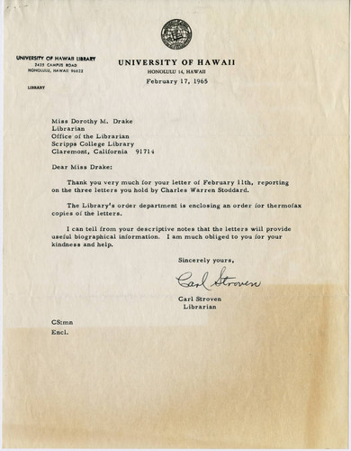 Carl Stroven letter to Dorothy Drake, 1965 February 17