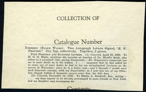 Seller's description of Emerson's letters to Blake and Studwell dated 1858 April 15 and 1865 December 14, respectively