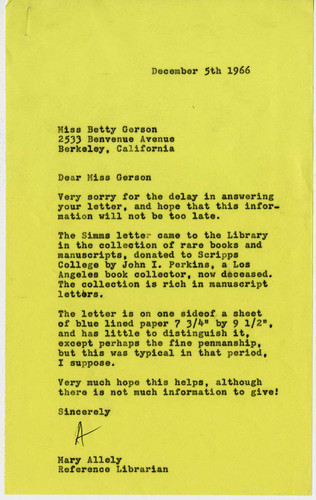 Mary Allely letter to Betty Gerson, 1966 December 5