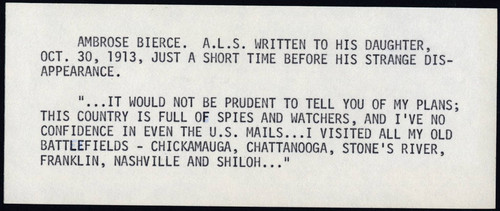 Seller's description of Bierce's letter to Bibsy dated 1913 October 30