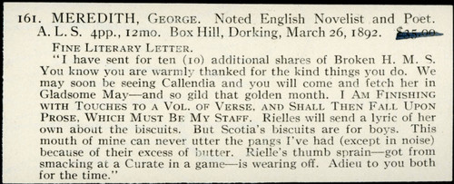 Seller's description of Meredith's letter to Stevenson dated 1892 March 26