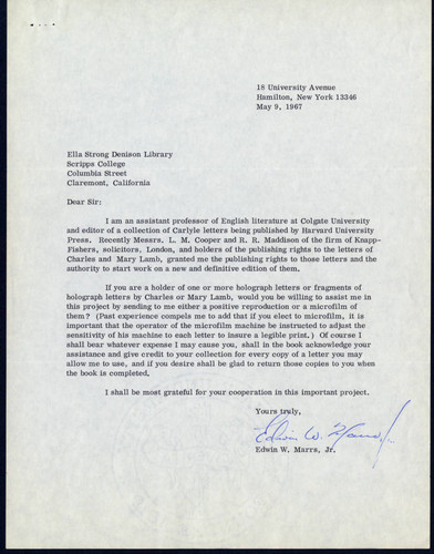 Edwin W Marris letter, 1967 May 9