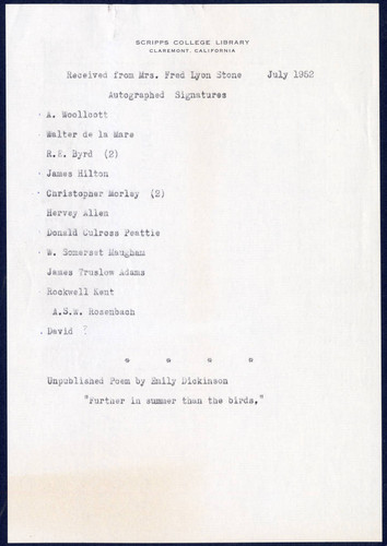 List of autographed signatures received from Mrs. Fred Lyon Stone, 1952 July