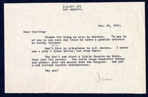 Theodore Dreiser letter to George Sterling, 1921 October 25