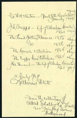 Perkins' list of Abraham Lincoln items