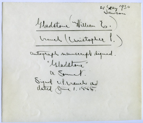 Perkins' note on Christopher P. Cranch manuscript dated 1885 June 1