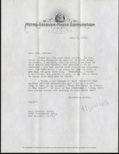 Hugh Walpole letter to Dorothy Drake, 1935 December 4